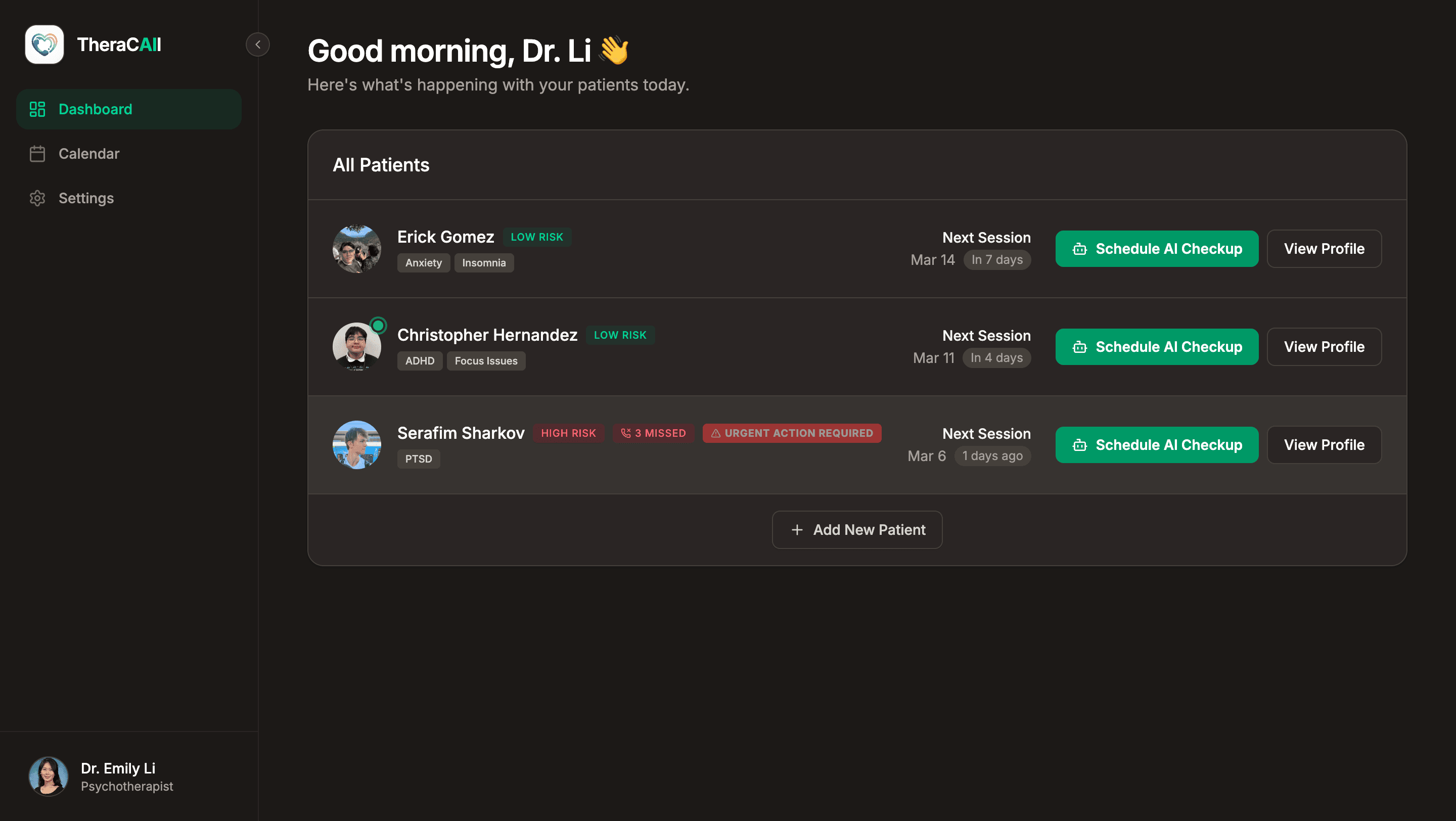 TheraCaIl clinician dashboard showing patient risk and AI checkup scheduling